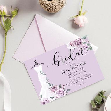 Lavender Florals White Wedding Dress Bridal Shower Invitations