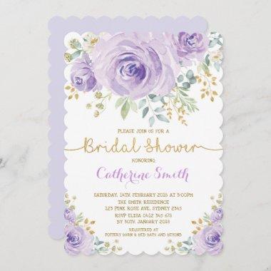 Lavender Gold Watercolor Floral Rose Bridal Shower Invitations