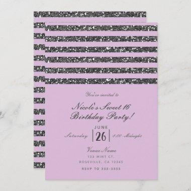 Lavender Lilac Purple Silver Glitter Stripes Party Invitations