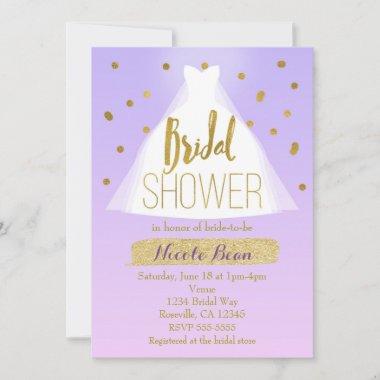 Lavender Pink & Gold Bridal Shower Wedding Dress Invitations