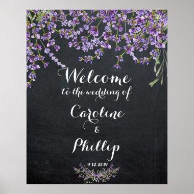 Lavender purple floral wedding welcome sign chalk