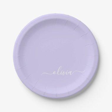 Lavender Purple Girly Script Monogram Name Modern Paper Plates