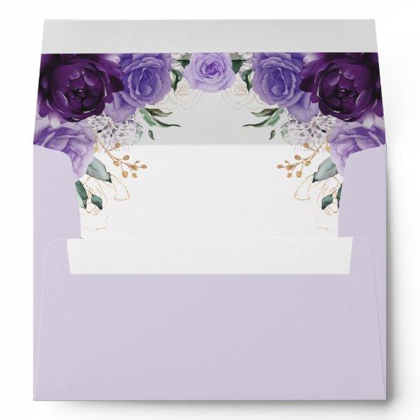 Lavender Purple Gold Floral Watercolor Flowers Envelope
