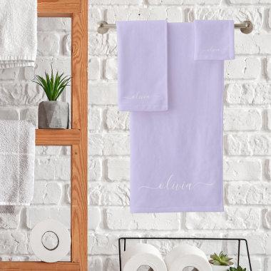 Lavender Purple Modern Script Girly Monogram Name Bath Towel Set
