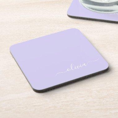 Lavender Purple Modern Script Girly Monogram Name Beverage Coaster