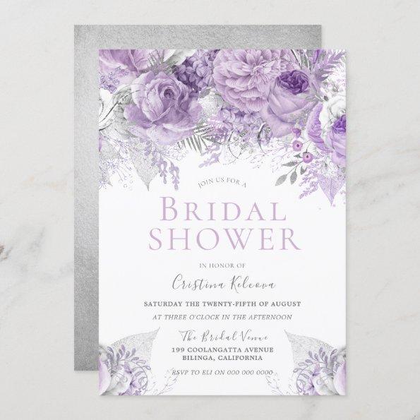 Lavender Purple Silver floral Bridal Shower Invitations