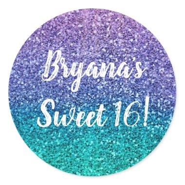 Lavender Purple & Teal Aqua Green Sparkly Party Classic Round Sticker