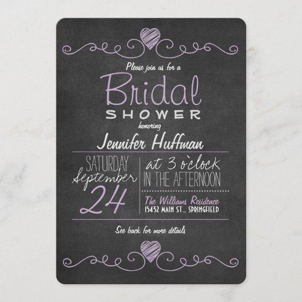 Lavender Purple & White; Chalkboard Bridal Shower Invitations
