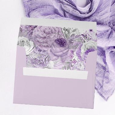 Lavender Purple White Silver Flower Wedding RSVP Envelope