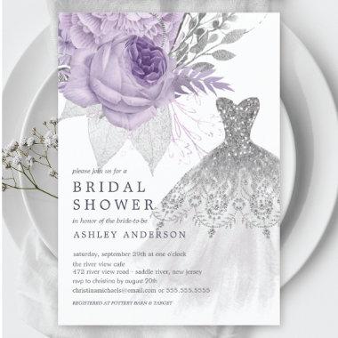 lavender Silver Floral Wedding Dress Bridal Shower Invitations
