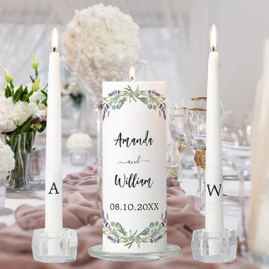 Lavender violet florals eucalyptus wedding unity candle set