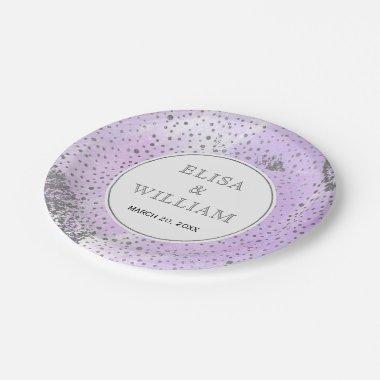 Lavender watercolor and silver confetti wedding paper plates