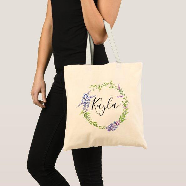 lavender wreath botanical personalized bridesmaid tote bag