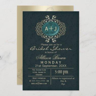 Lavish Aqua Gold Elegant bridal shower Invites