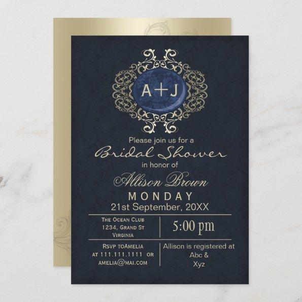 Lavish Navy Blue Gold Elegant bridal shower Invite