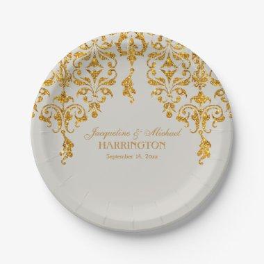 Leaf Damask Art Nouveau Glitter Reception Decor Paper Plates