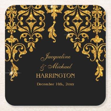 Leaf Damask Art Nouveau Glitter Reception Decor Square Paper Coaster