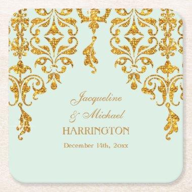 Leaf Damask Art Nouveau Glitter Reception Decor Square Paper Coaster