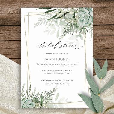 Leafy Fern Succulent Frame Bridal Shower Invite