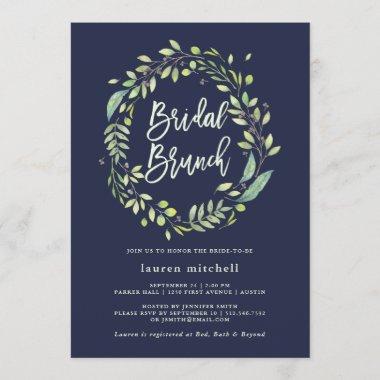 Leafy Green Wreath | Midnight Blue Bridal Brunch Invitations