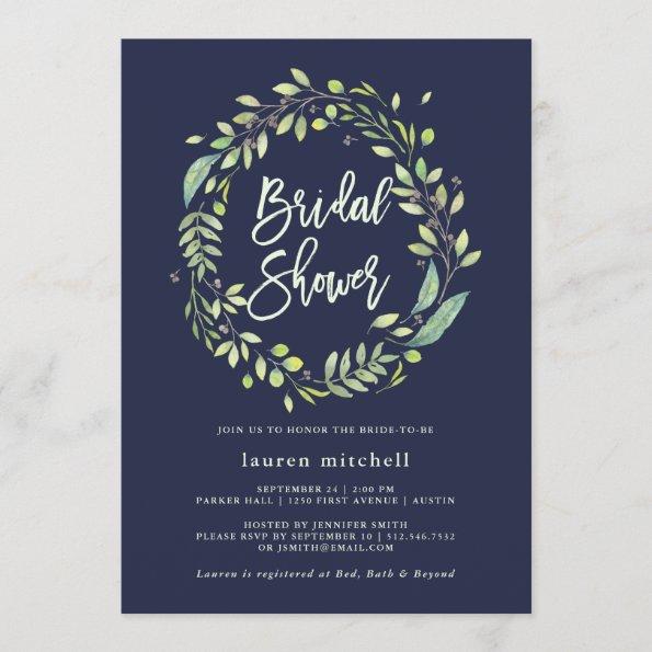 Leafy Green Wreath | Midnight Blue Bridal Shower Invitations