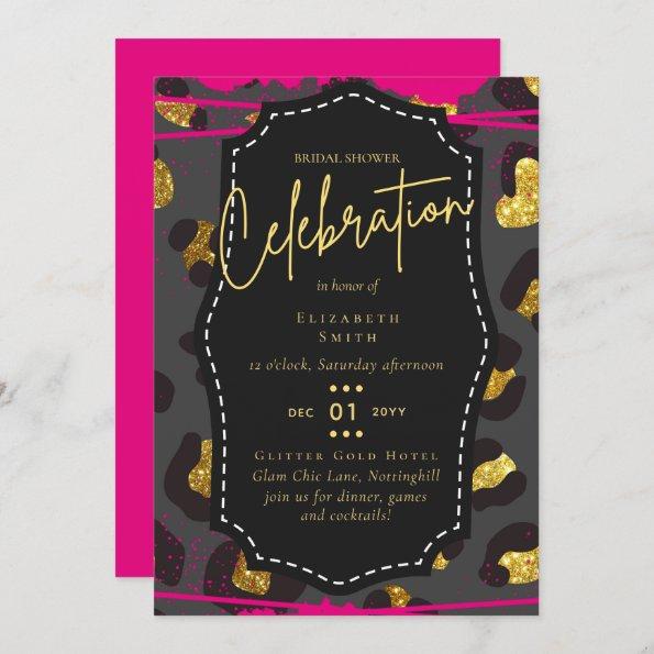 LeahG Bridal Shower Glam Chic Animal Gold Pink Blk Invitations