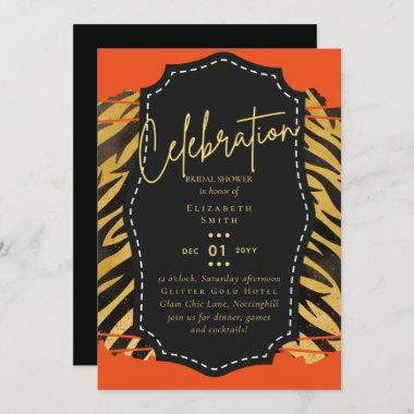 LeahG Budget Glam Chic Bridal Shower Gold Orange Invitations