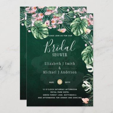 LeahG Tropical Green Pink Floral Leaf Wedding Invitations
