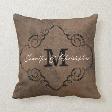 Leather Look Monogram Wedding Keepsake Reversible Throw Pillow