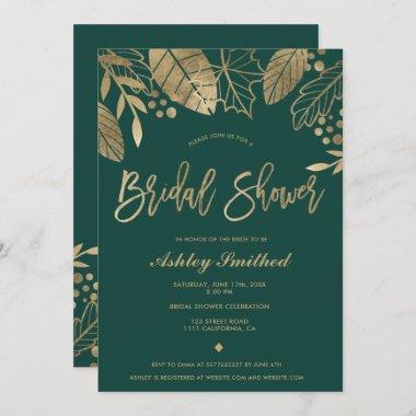 Leaves gold emerald green modern bridal shower Invitations