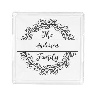 Leaves Vine Wreath Family Name Monogram Black Acrylic Tray