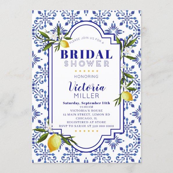 Lemon and Navy Watercolor Bridal Shower Invitations
