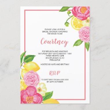 Lemon and Pink Floral Bridal Shower Party Invitations