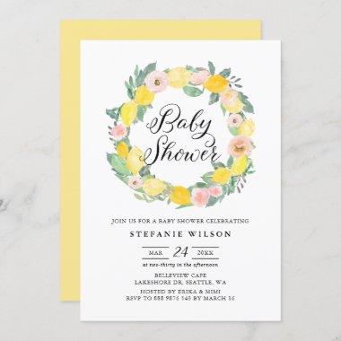 Lemon and Pink Rose Wreath Bridal Shower Invite