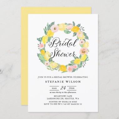 Lemon and Pink Rose Wreath Bridal Shower Invite