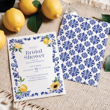 Lemon & Antique Blue Pottery Pattern Bridal Shower Invitations