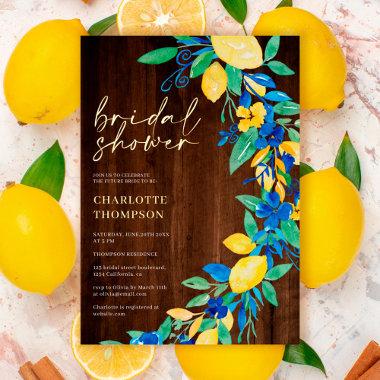 Lemon blue floral wood script bridal shower foil Invitations