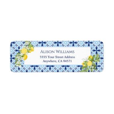 Lemon Blue Tile Greenery Return Address Label