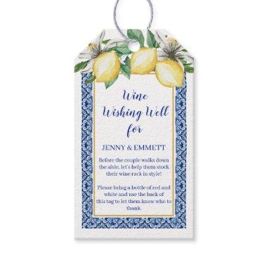 Lemon Blue Tile Wine Wishing Well Bridal Shower Gift Tags