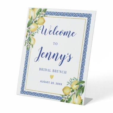 Lemon Botanical Blue Tile Bridal Brunch Welcome Pedestal Sign