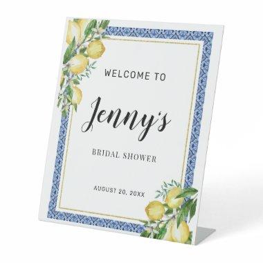 Lemon Botanical Blue Tile Bridal Shower Welcome Pedestal Sign