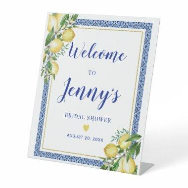 Lemon Botanical Blue Tile Bridal Shower Welcome Pedestal Sign