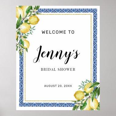 Lemon Botanical Blue Tile Bridal Shower Welcome Poster