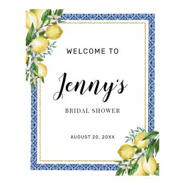 Lemon Botanical Blue Tile Bridal Shower Welcome Poster