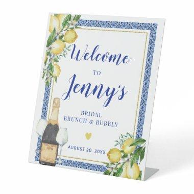 Lemon Botanical Blue Tile Brunch Bubbly Welcome Pedestal Sign