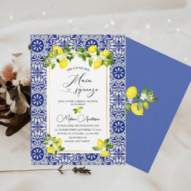 Lemon branch and blue mosaic watercolor baby sho Invitations