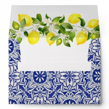 Lemon branch and blue mosaic wedding envelope