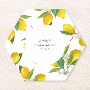 Lemon bridal shower hexagon paper coaster