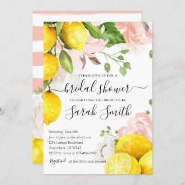 Lemon Bridal Shower Invitations with Pink Flowers