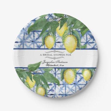Lemon Citrus Floral Greenery Blue White Bridal Paper Plates